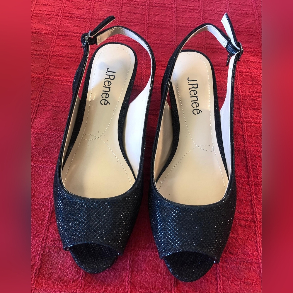 J.Renee Womwn's  Glitter Black Peep-Toe Slingback Heels Zize 7.5